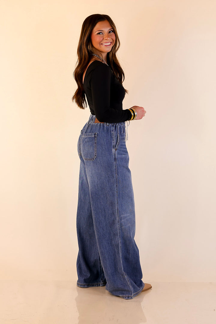 Judy Blue | Made to Move Wide Leg Palazzo Featherweight Elastic Waistband Jeans in Dark Wash
