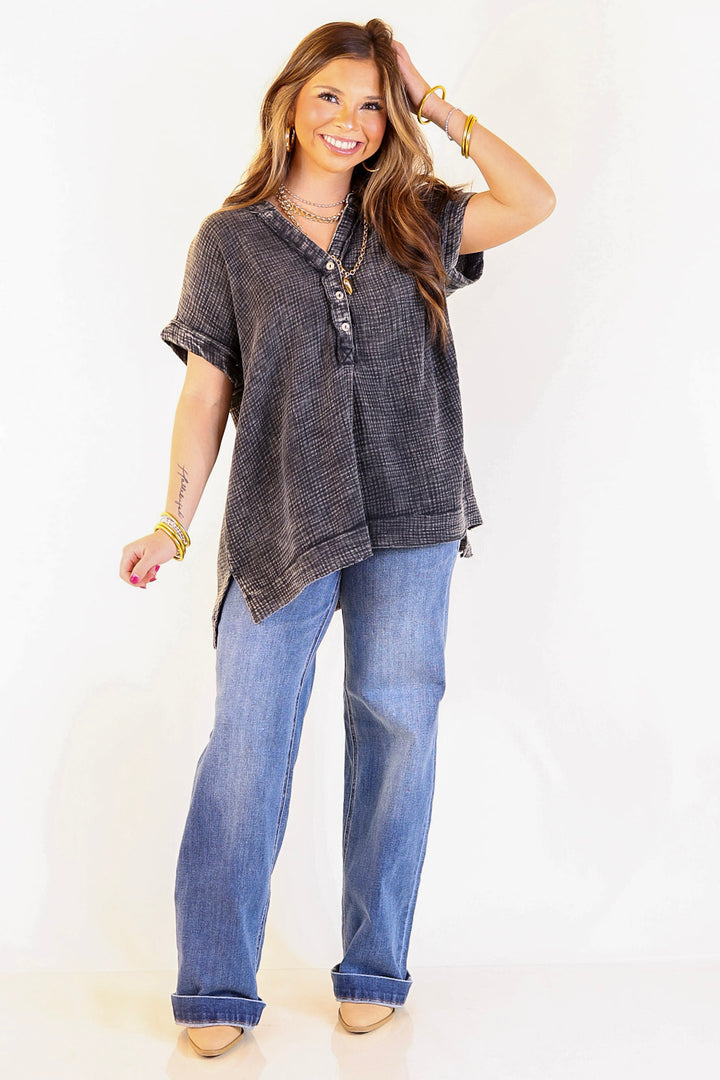 Simple Statement Quarter Button Up Short Drop Sleeve Shirt in Black