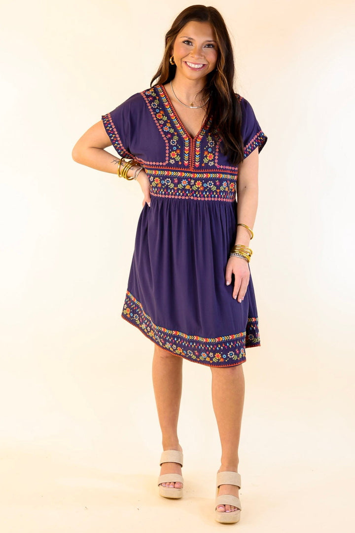 Passing Through V Neck Embroidered Dress with Short Sleeves in Navy Blue