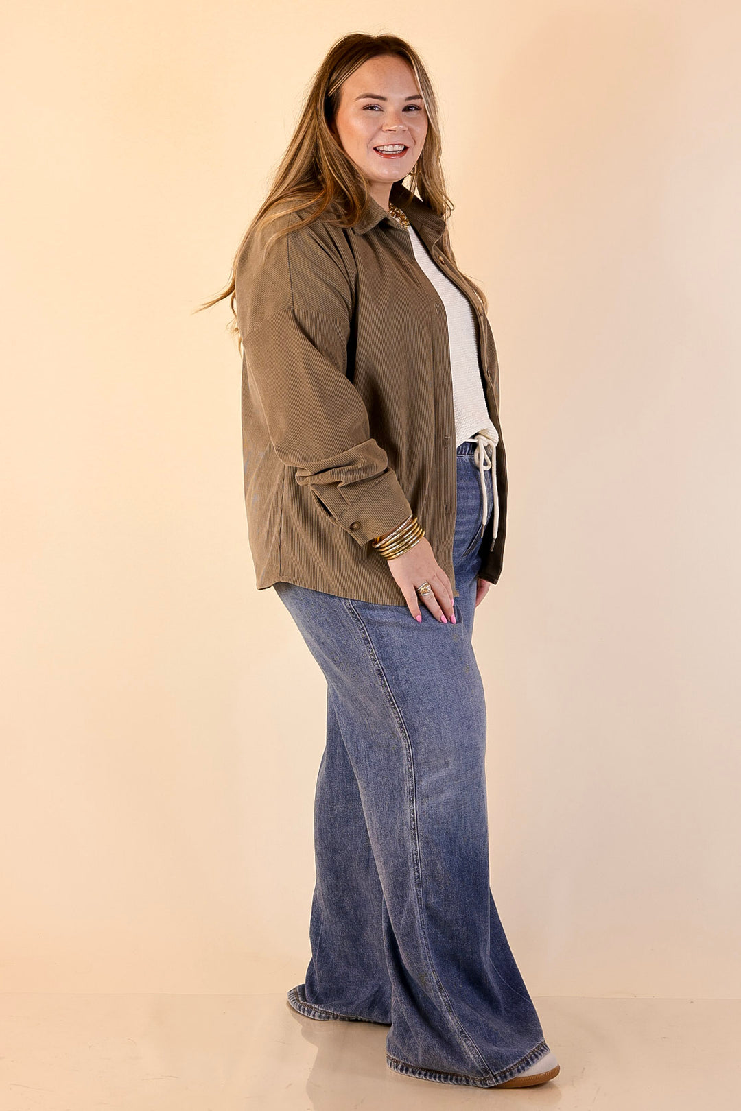 Captivating Cuteness Corduroy Button Up Shacket in Olive Green