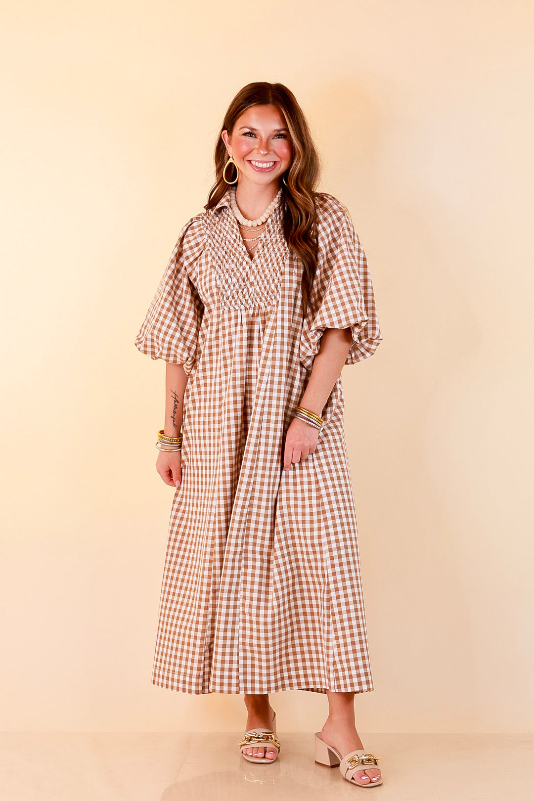 All Eyes on You Smocked Yoke Puff Sleeve Gingham Print Maxi Dress in Camel Brown and Ivory