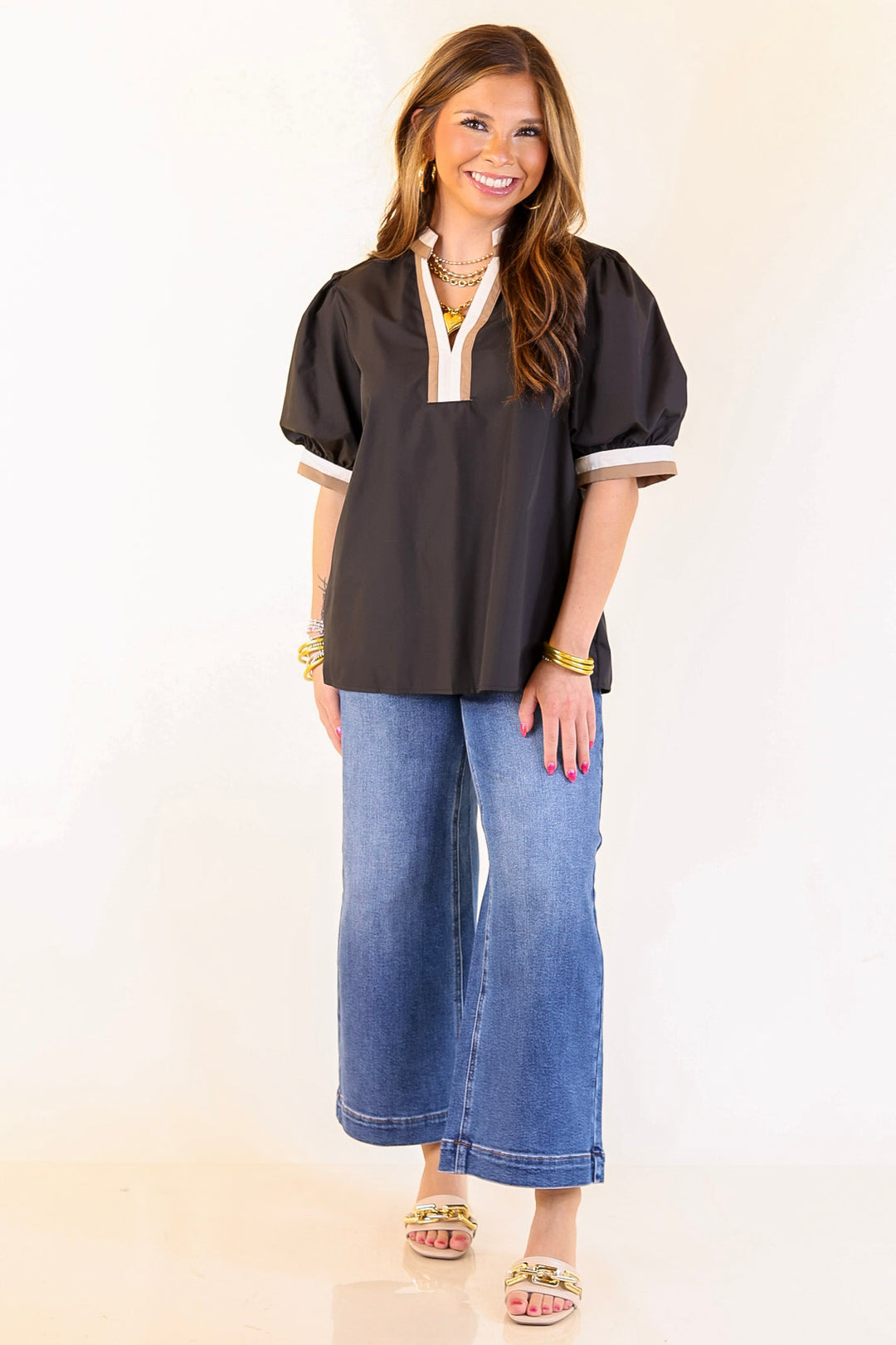 Standout Style V Neck Top with Short Balloon Sleeves and Natural Color Trim in Black