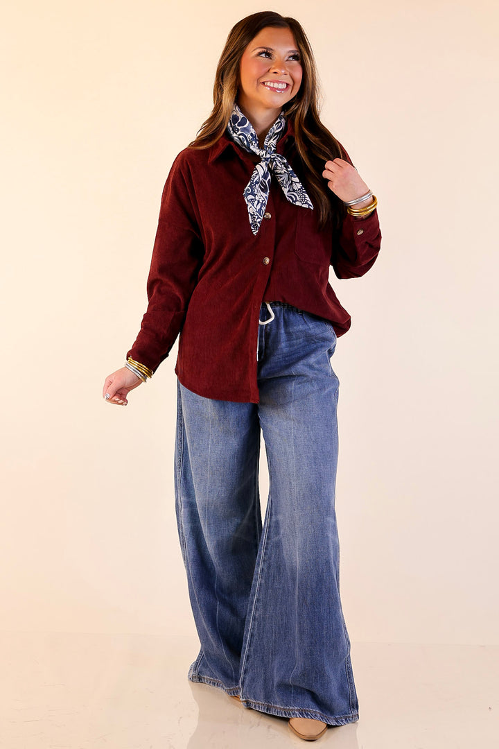 Captivating Cuteness Corduroy Button Up Shacket in Maroon