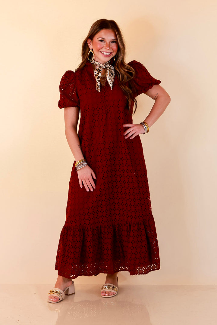 Meet Me at Sunset Eyelet Lace Puff Sleeve Tiered Maxi Dress in Maroon