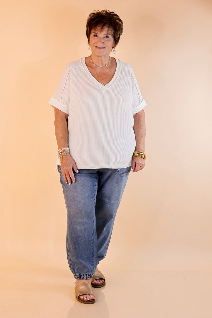 Daily Perfection Short Sleeve V Neck Top in Off White