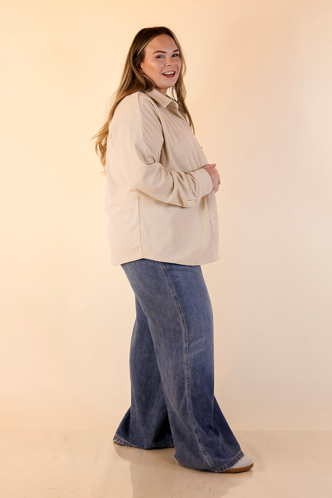 Captivating Cuteness Corduroy Button Up Shacket in Cream