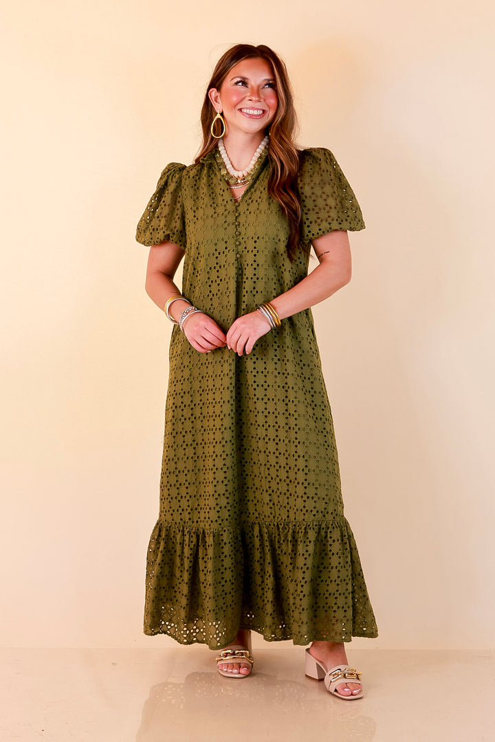 Meet Me at Sunset Eyelet Lace Puff Sleeve Tiered Maxi Dress in Olive Green