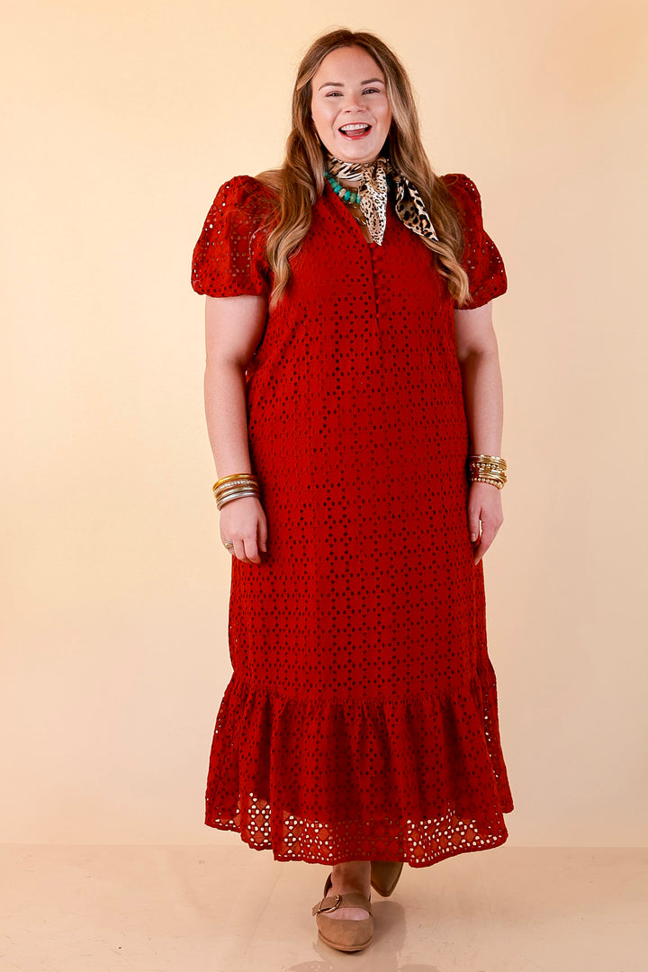 Meet Me at Sunset Eyelet Lace Puff Sleeve Tiered Maxi Dress in Rust Red