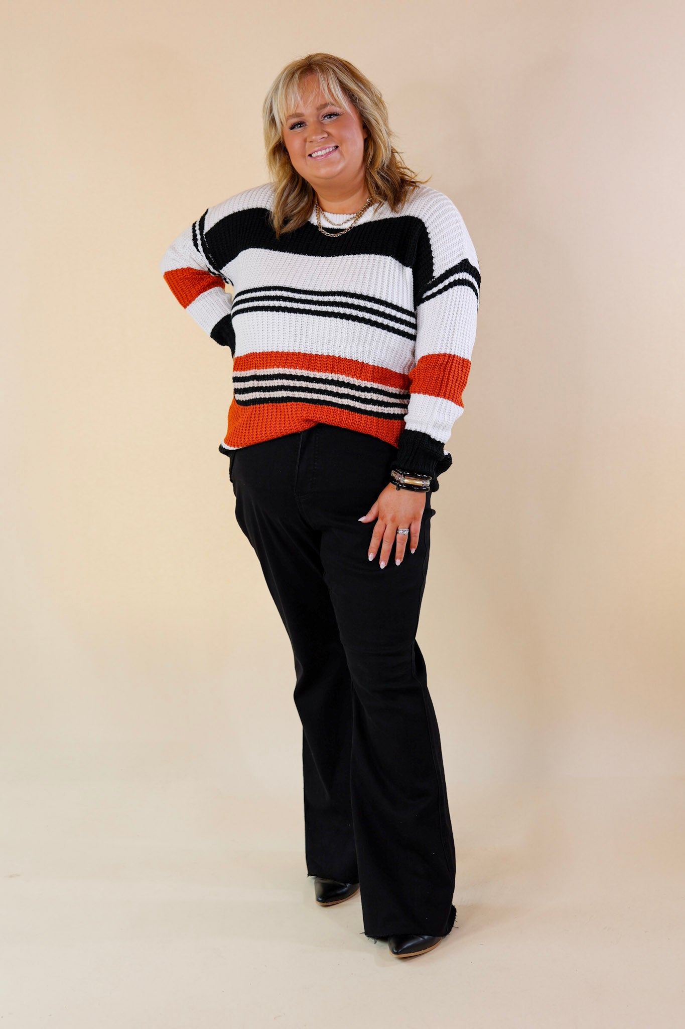 Harvest Honey Striped Cable Knit Sweater in Orange Mix - Giddy Up Glamour Boutique