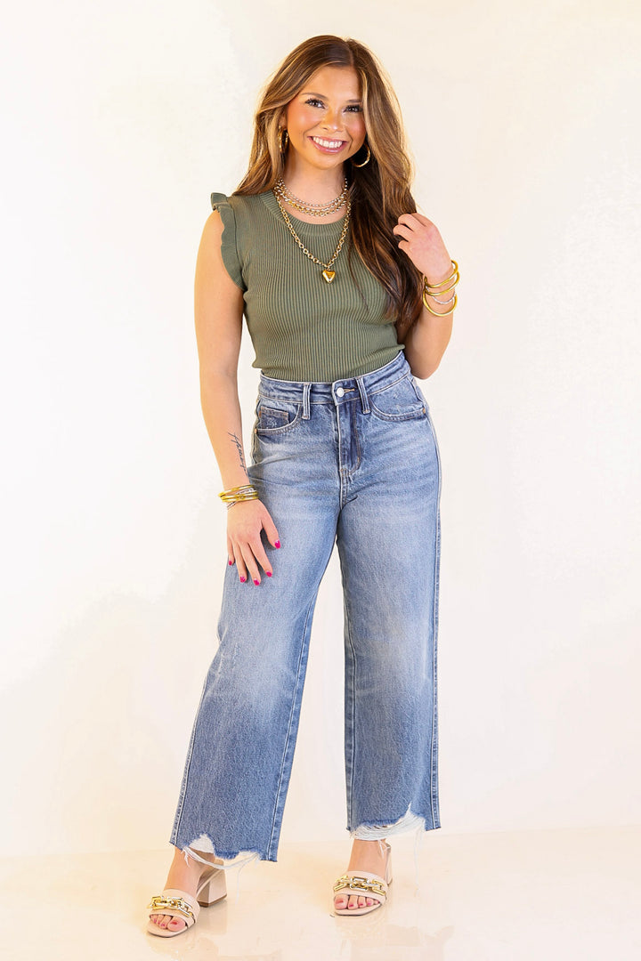 Flirty Frill Scoop Neck Top with Ruffle Sleeves in Olive Green