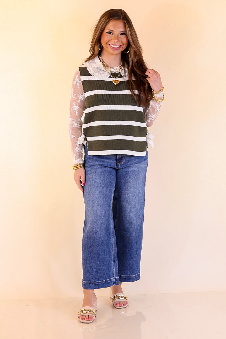 Tied Up in Style Knit Sweater with Side Ties in Olive Green with Off White Stripes