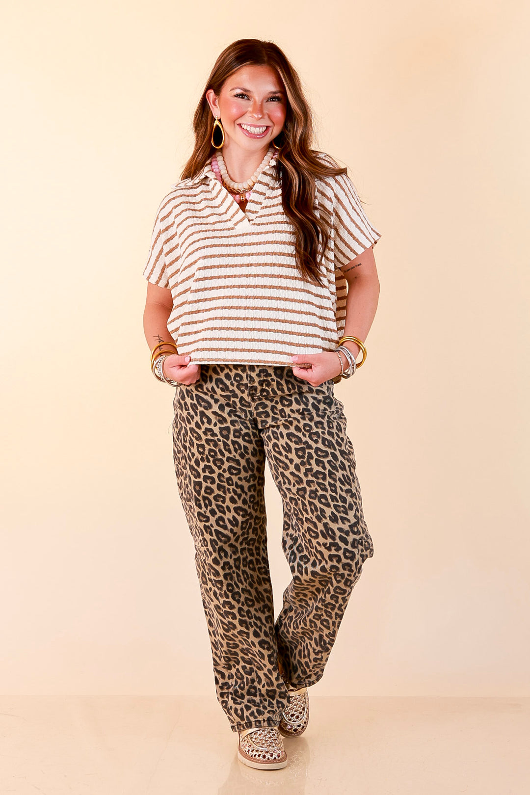 Simply Said Striped Drop Shoulder Collared Cropped Top in Ivory with Camel Brown Stripes