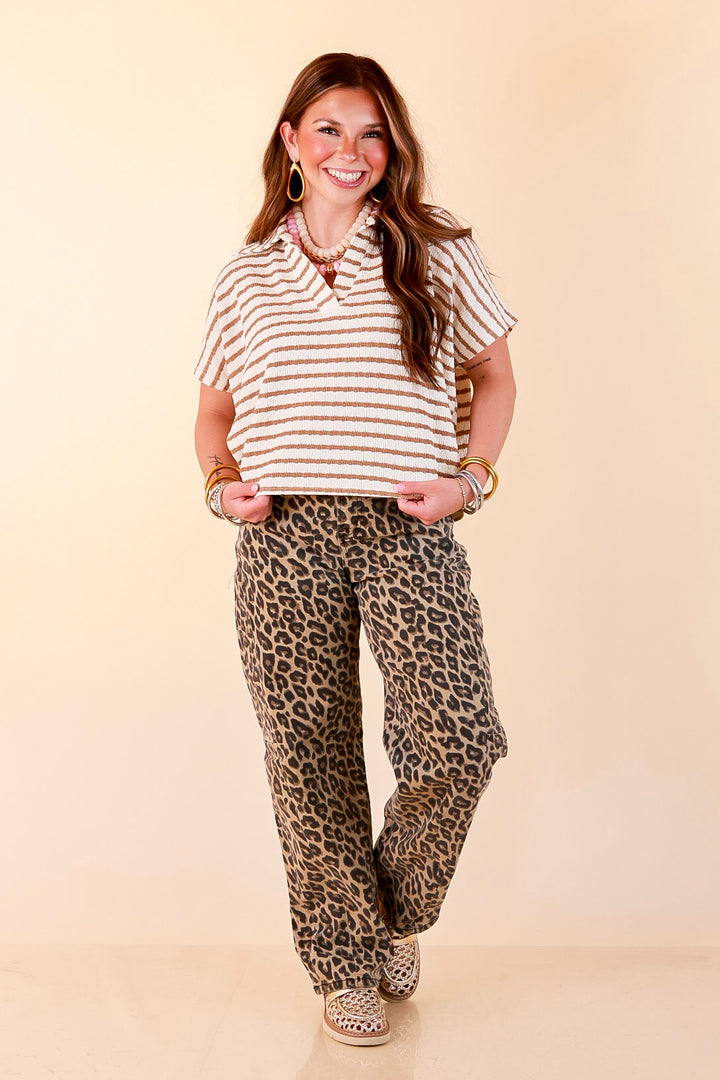 Simply Said Striped Drop Shoulder Collared Cropped Top in Ivory with Camel Brown Stripes