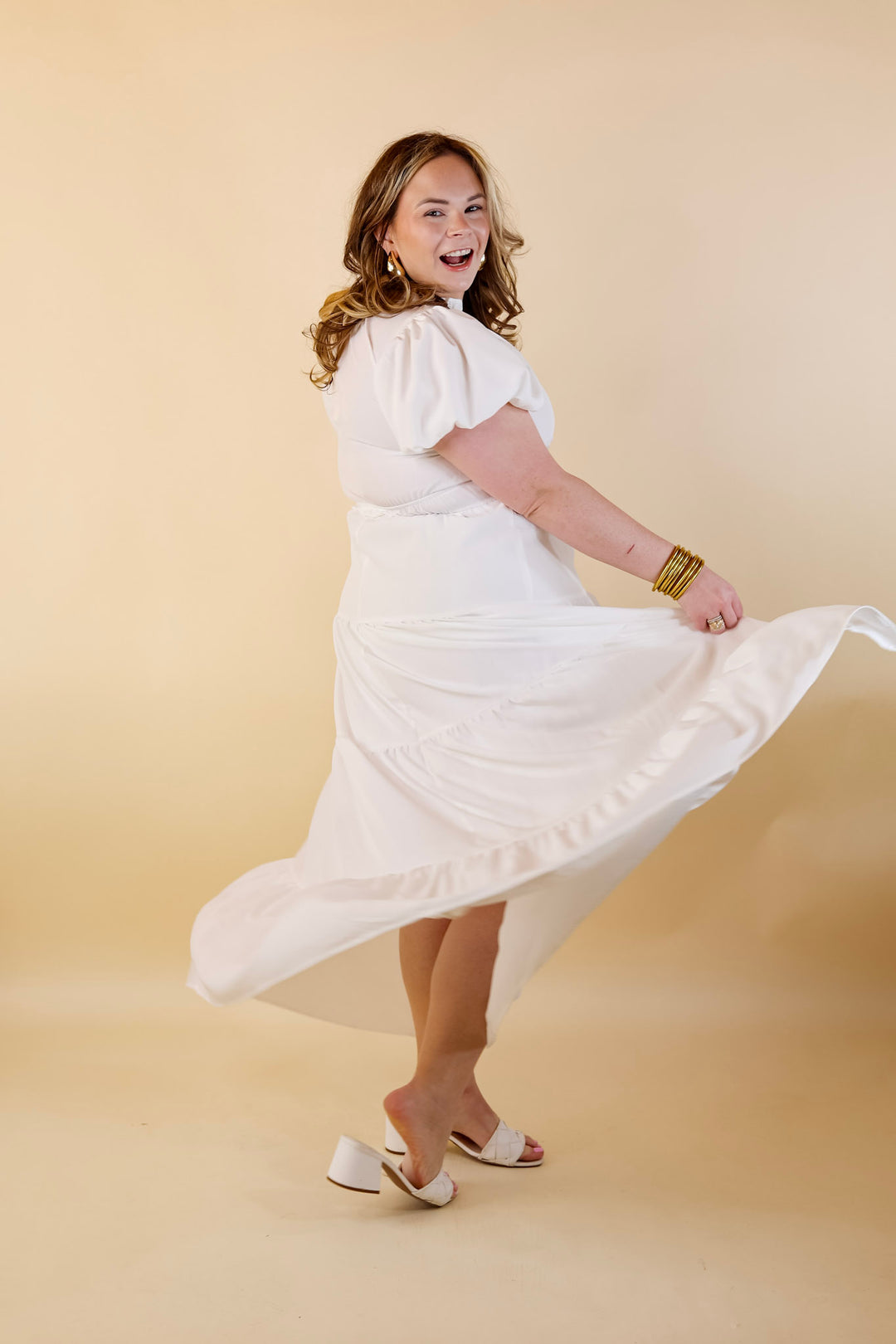 Table for Two Tiered Maxi Dress with Puff Sleeves in White - Giddy Up Glamour Boutique