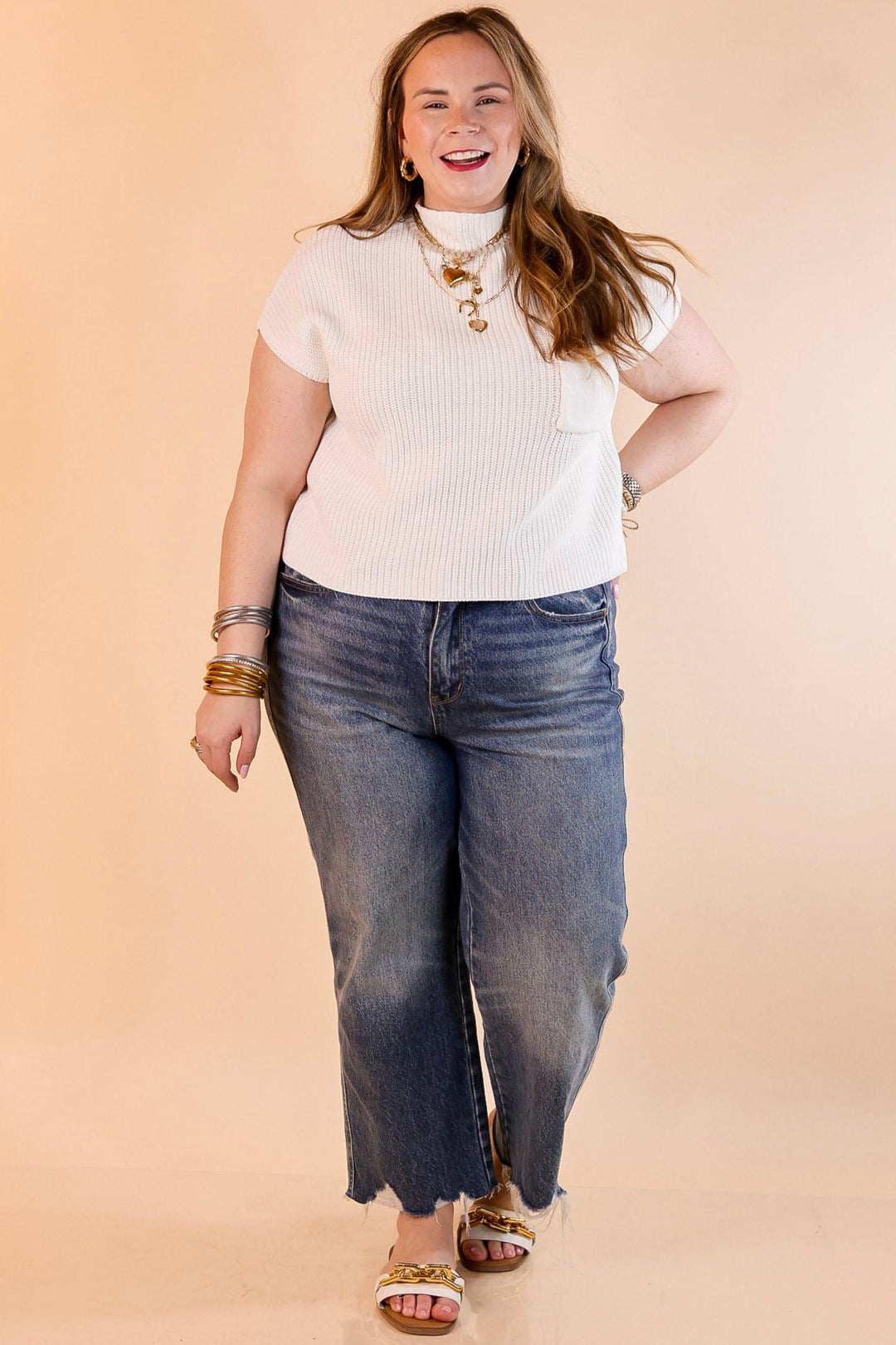 Repeat Worthy Cap Sleeve Cropped Sweater with Front Pocket in Ivory