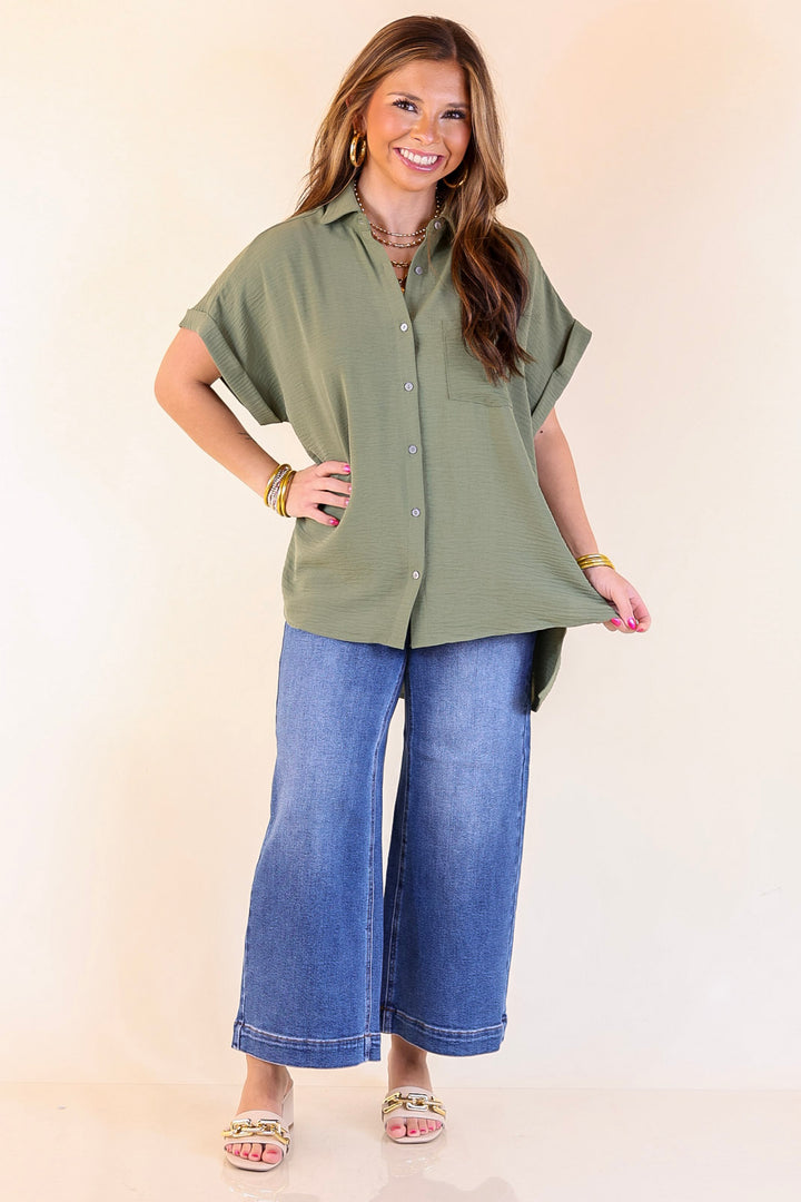 Timeless Appeal Collared Button Up Top in Olive Green