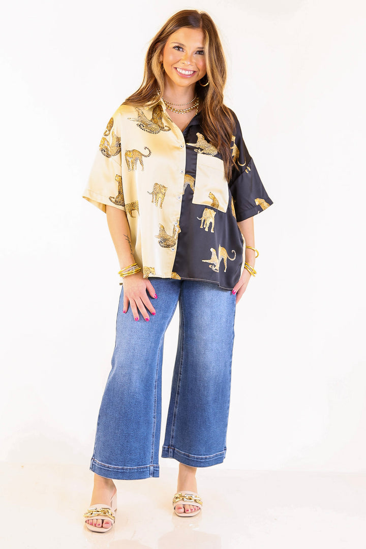 All Eyes On Me Button Up Cheetah Print Blouse Top in Black and Gold