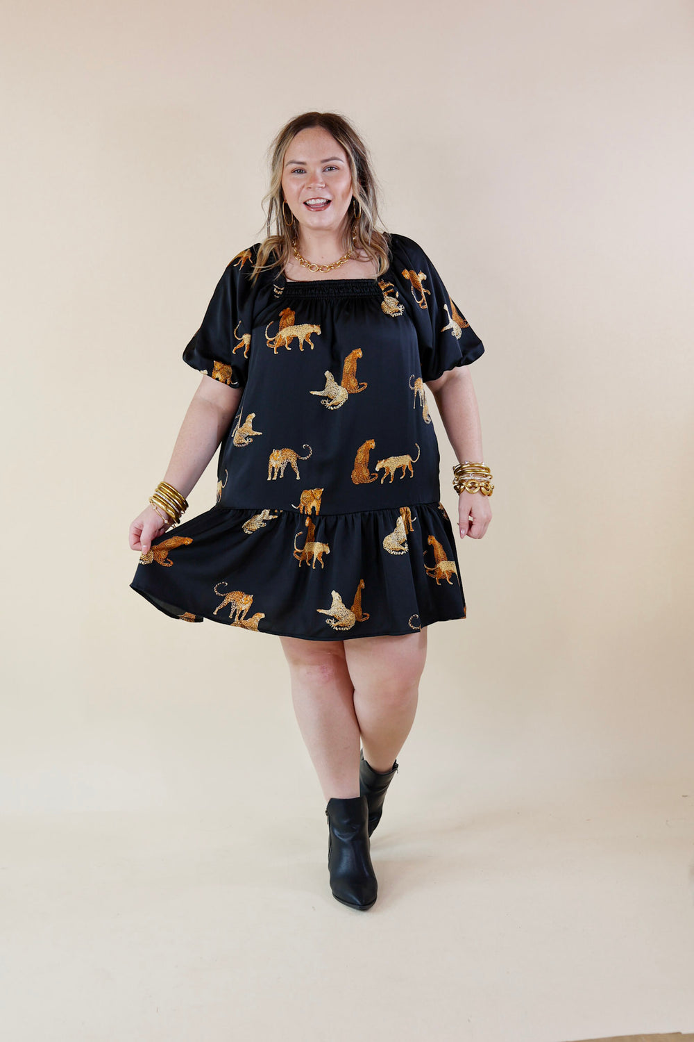 Flirting For Fun Leopard Print Satin Midi Dress in Black - Giddy Up Glamour Boutique