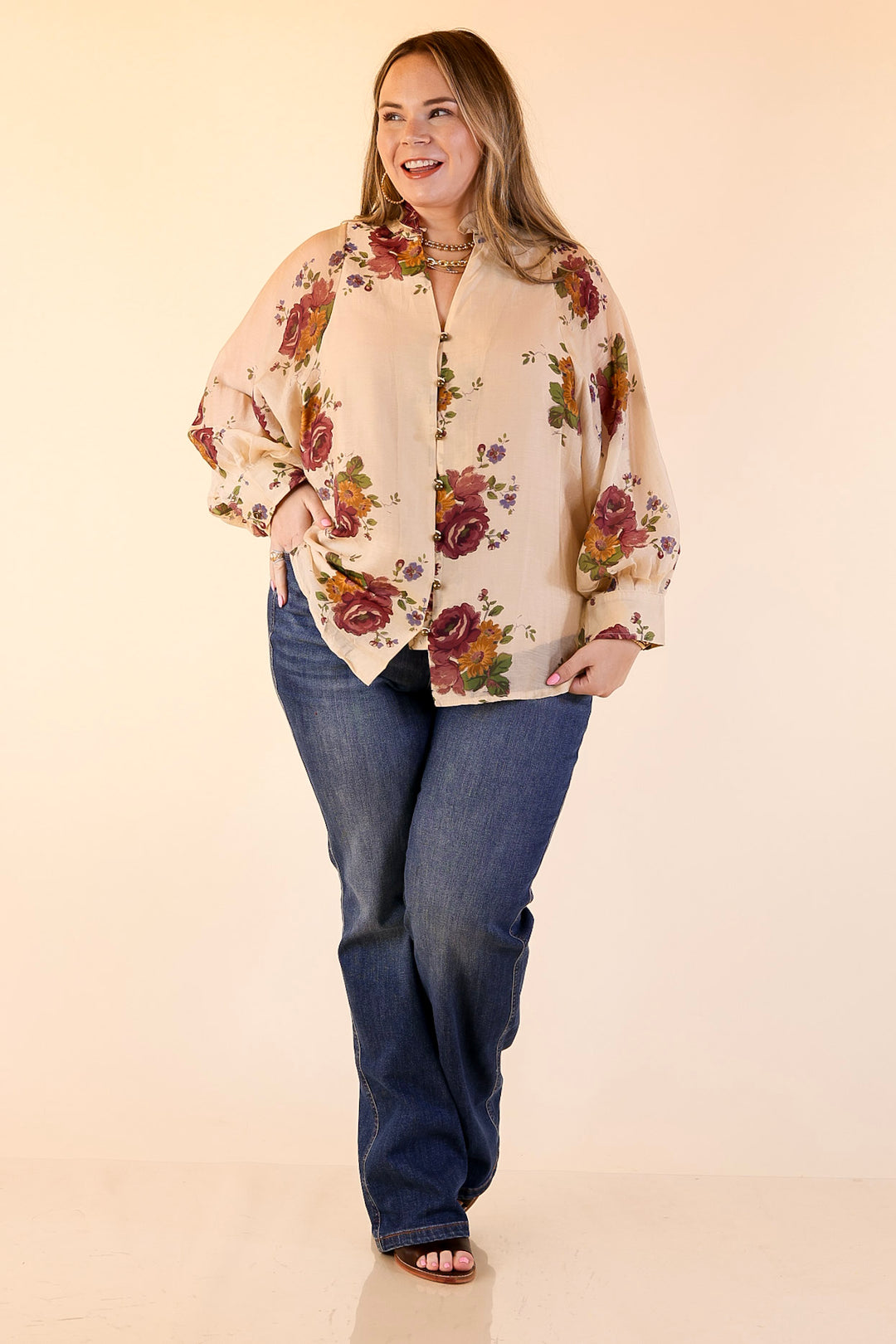 Garden Stroll Floral Long Sleeve Button Down Top in Cream