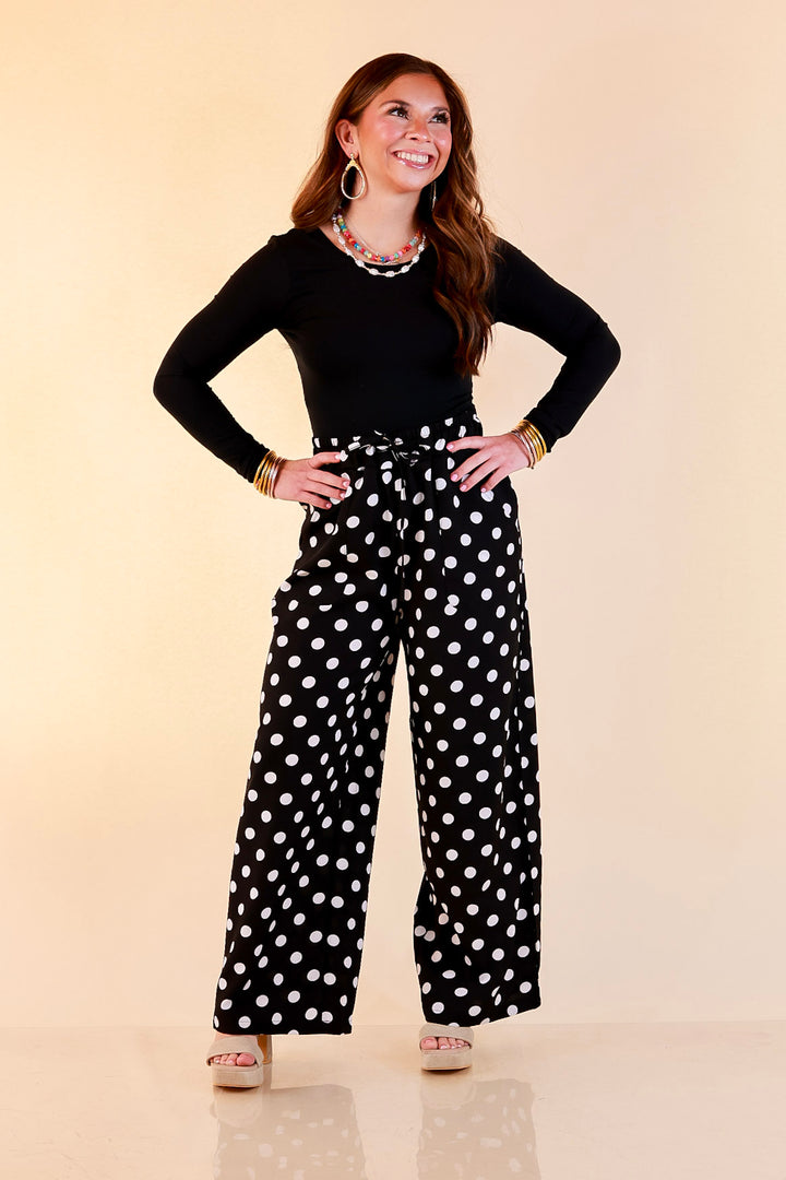Pairs Well with Others Polka Dot Print Drawstring Pants with Elastic Waistband in Black