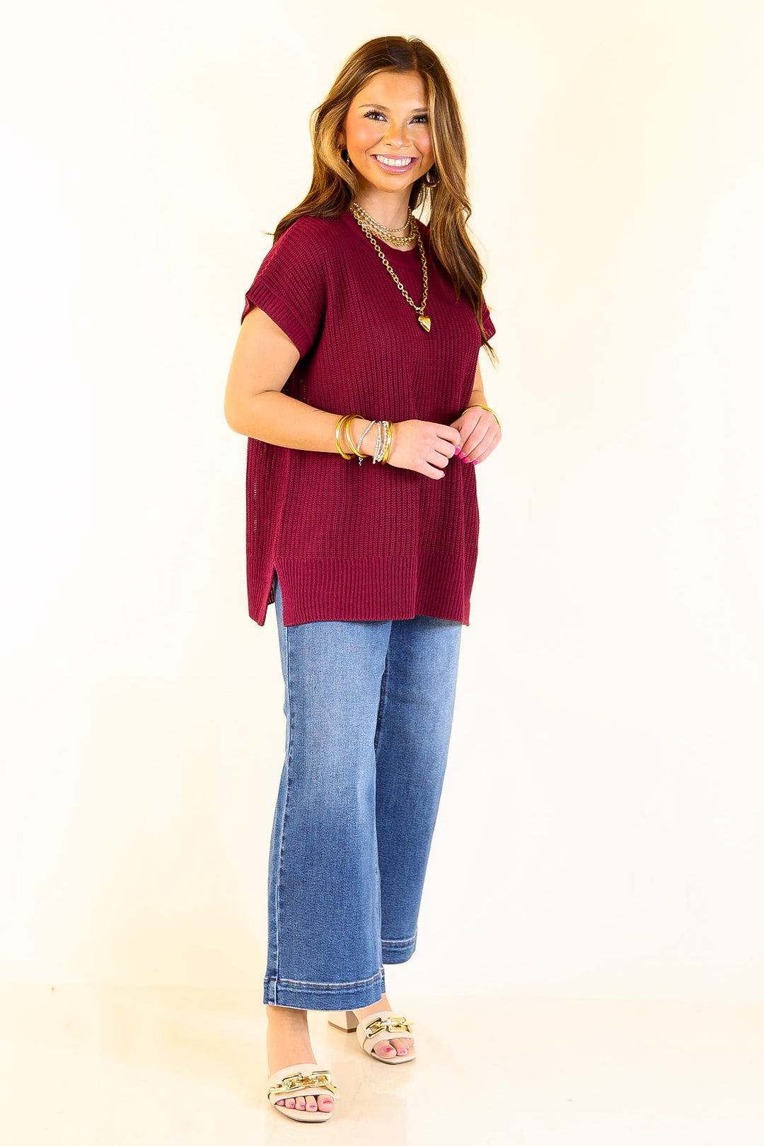 Style Refresh Drop Shoulder Short Sleeve Knit Sweater Top in Maroon