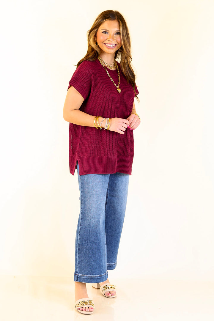 Style Refresh Drop Shoulder Short Sleeve Knit Sweater Top in Maroon