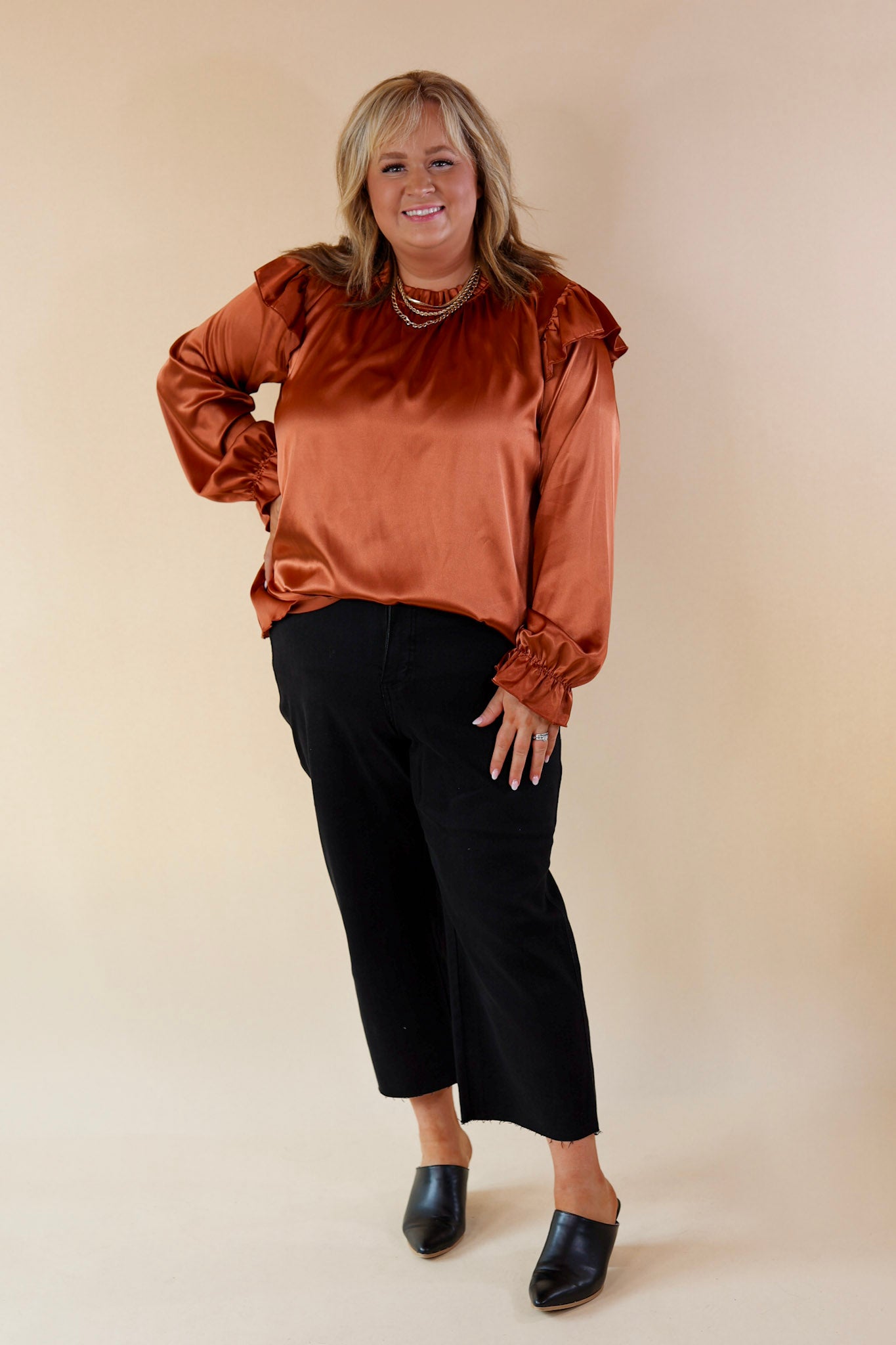 Can't Stop Me Ruffle Mock Neck Long Sleeve Satin Top in Rust Brown - Giddy Up Glamour Boutique
