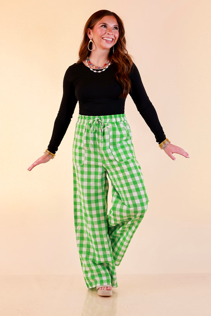 Pairs Well with Others Gingham Print Drawstring Pants with Elastic Waistband in Green