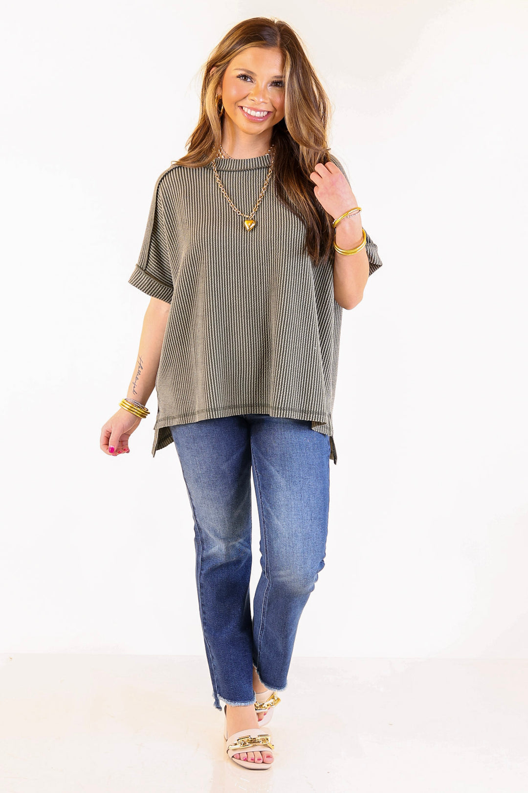 Daily Perfection Scoop Neck Short Sleeve Ribbed Top in Olive Green
