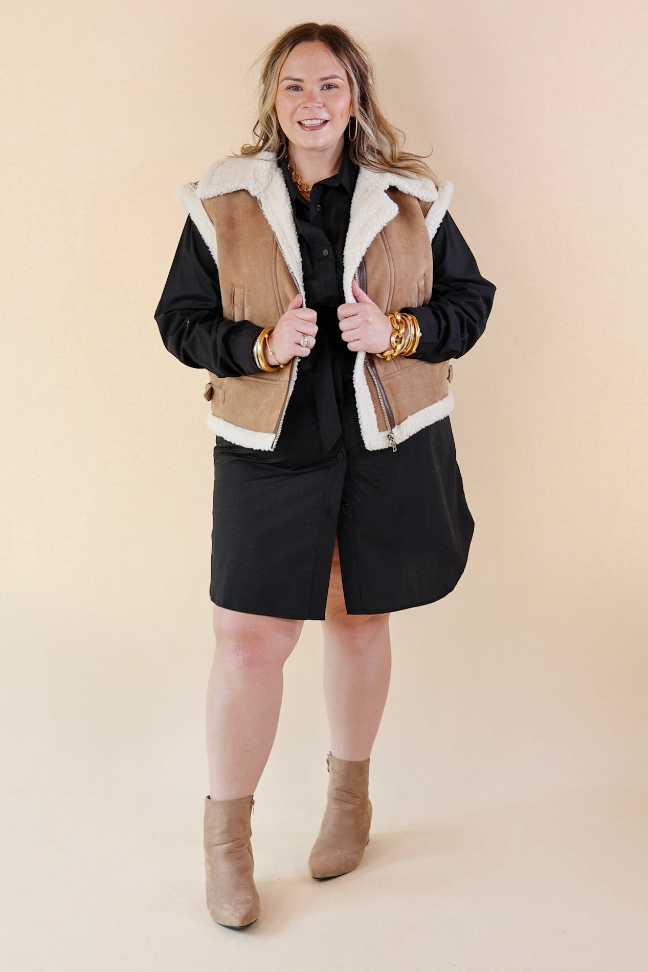 Cozy Outing Sherpa Lined Suede Vest in Light Tan - Giddy Up Glamour Boutique