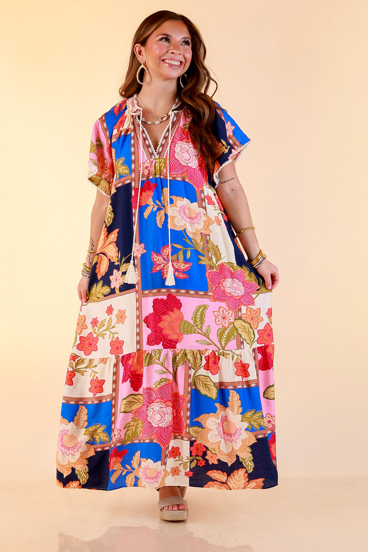 Patchwork Poise Floral Patchwork Print Midi Dress with Tassel Tie Neckline and Flutter Sleeves in Blue Mix