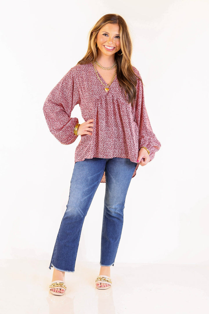 Really Dreamy Small Leopard Print Babydoll Top with Long Sleeves in Burgundy Red