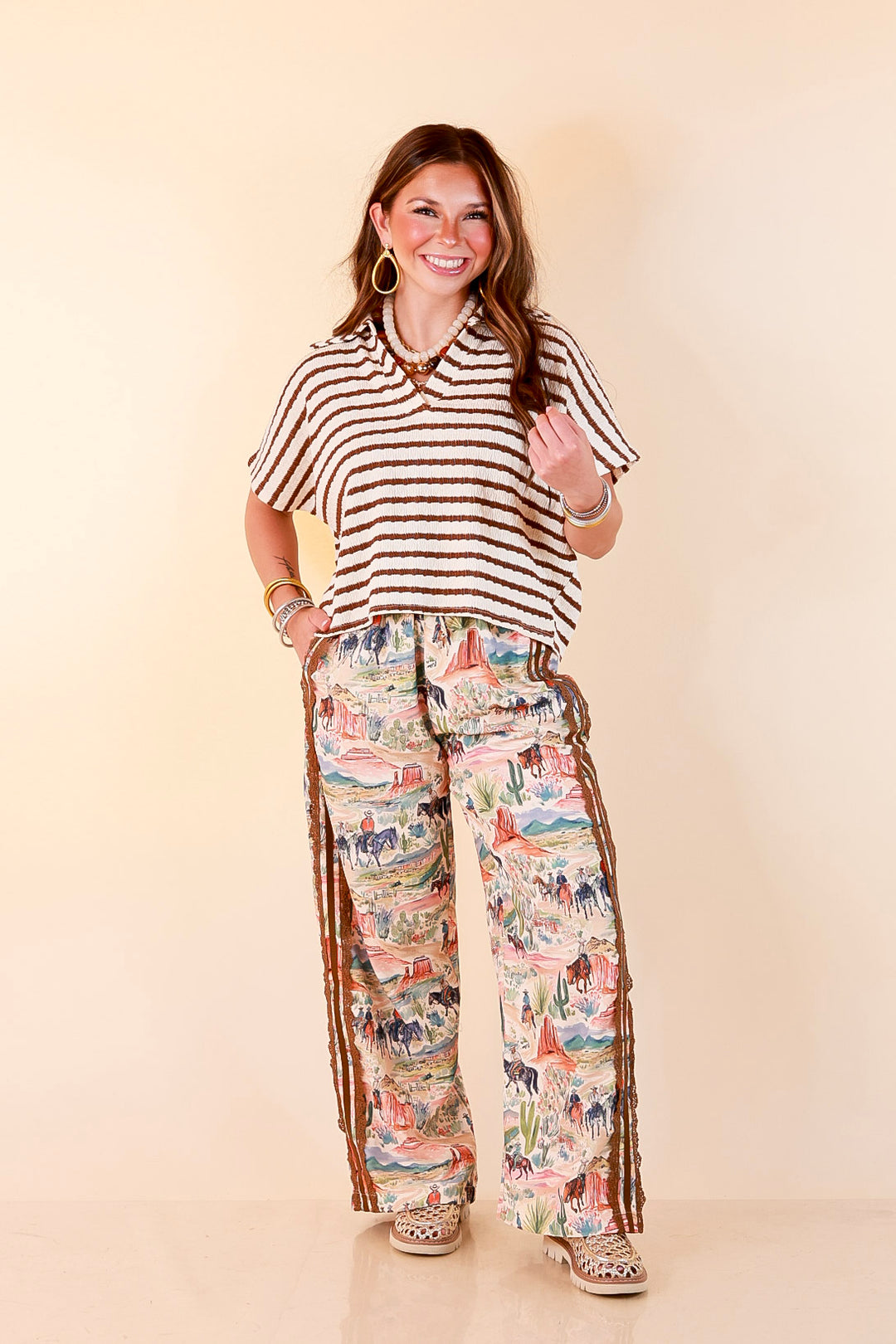 Simply Said Striped Drop Shoulder Collared Cropped Top in Ivory with Chocolate Brown Stripes