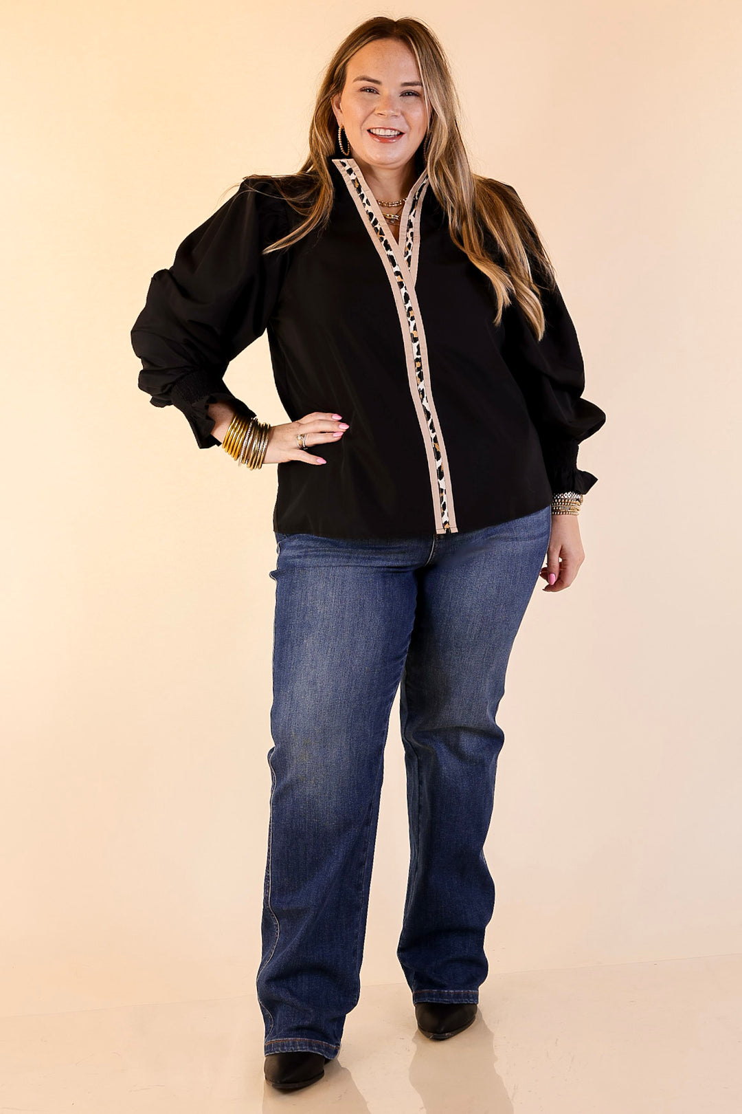 Trimmed in Style Puff Long Sleeve Blouse with Contrast Leopard Trim and Ruffle in Black