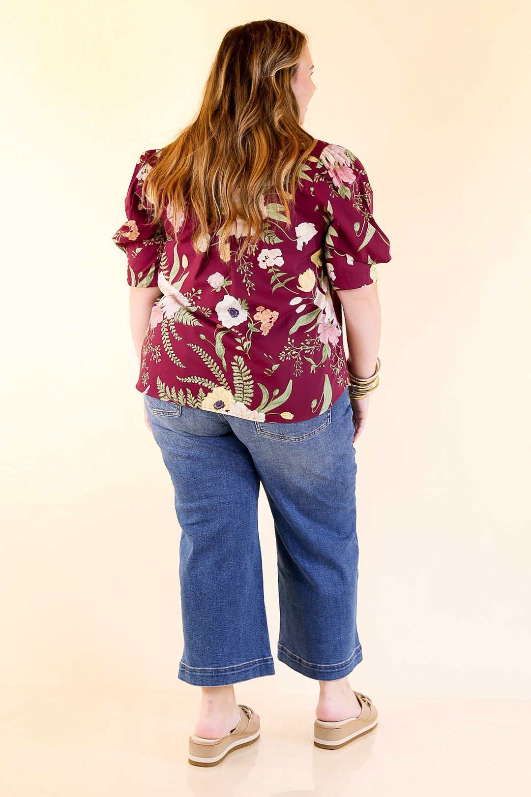 First Glance Button Up Puff Sleeve Floral Print Top in Maroon