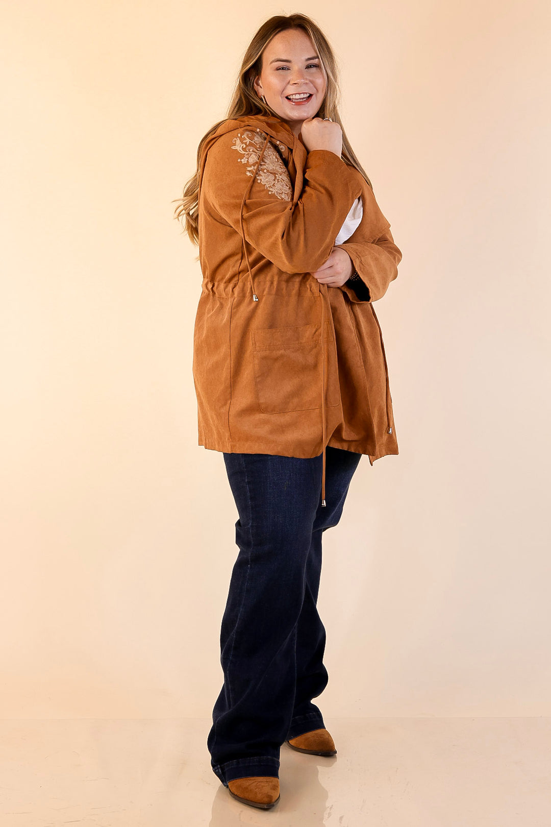 Fill Up Your Cup Embroidered Suede Utility Jacket in Tan