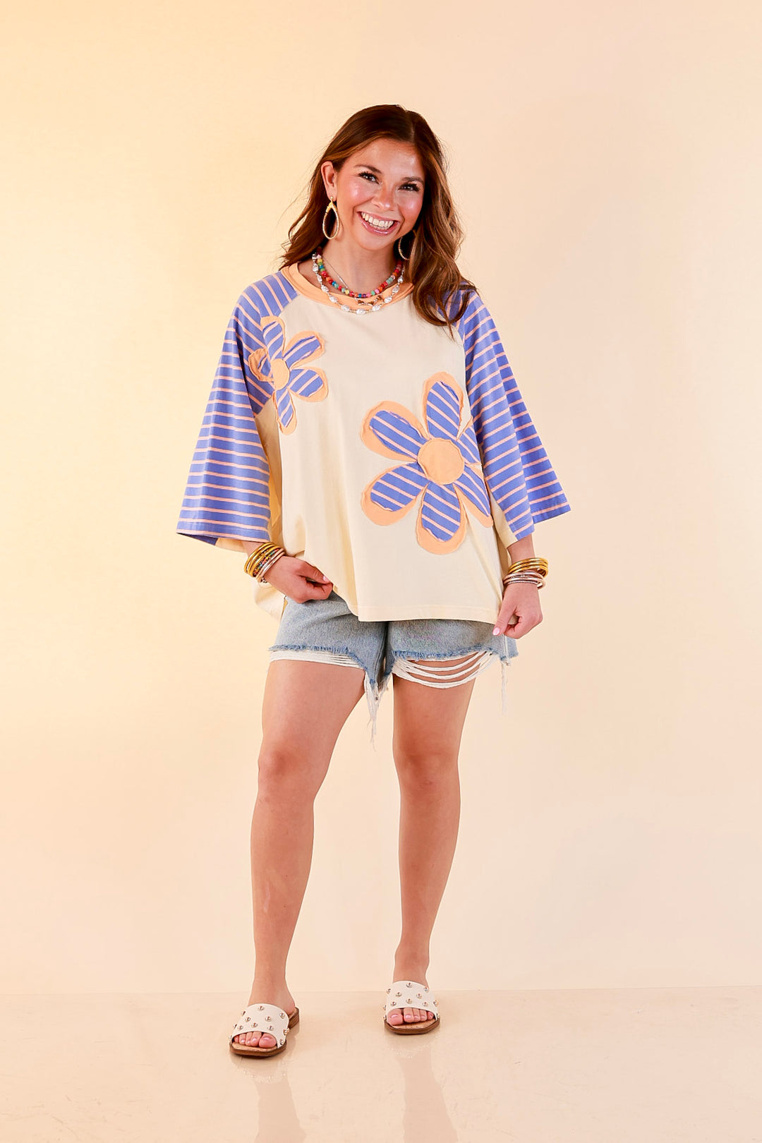 Bloom in Color Floral and Stripe Print Relaxed Short Sleeve Top with Contrast Sleeves in Cream