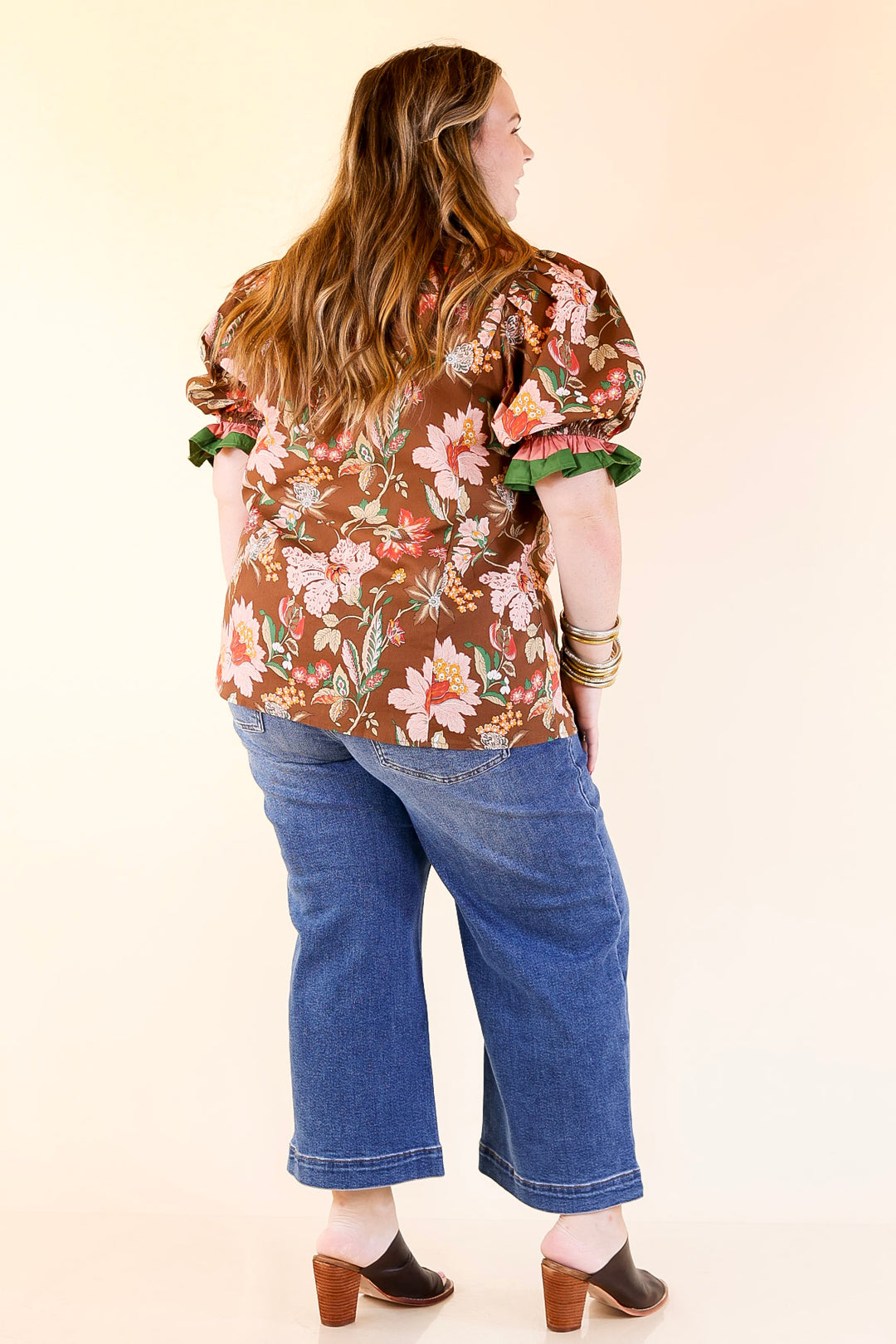 Endless Elegance Ruffled V Neck Floral Print Top in Brown, Mauve and Green