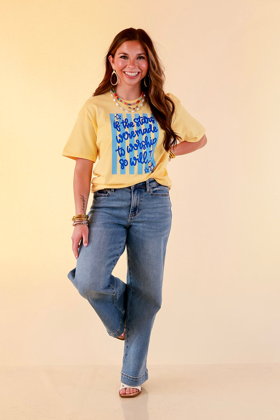 If The Stars Were Made to Worship So Will I Stripe Print Short Sleeve Graphic Tee in Butter Yellow