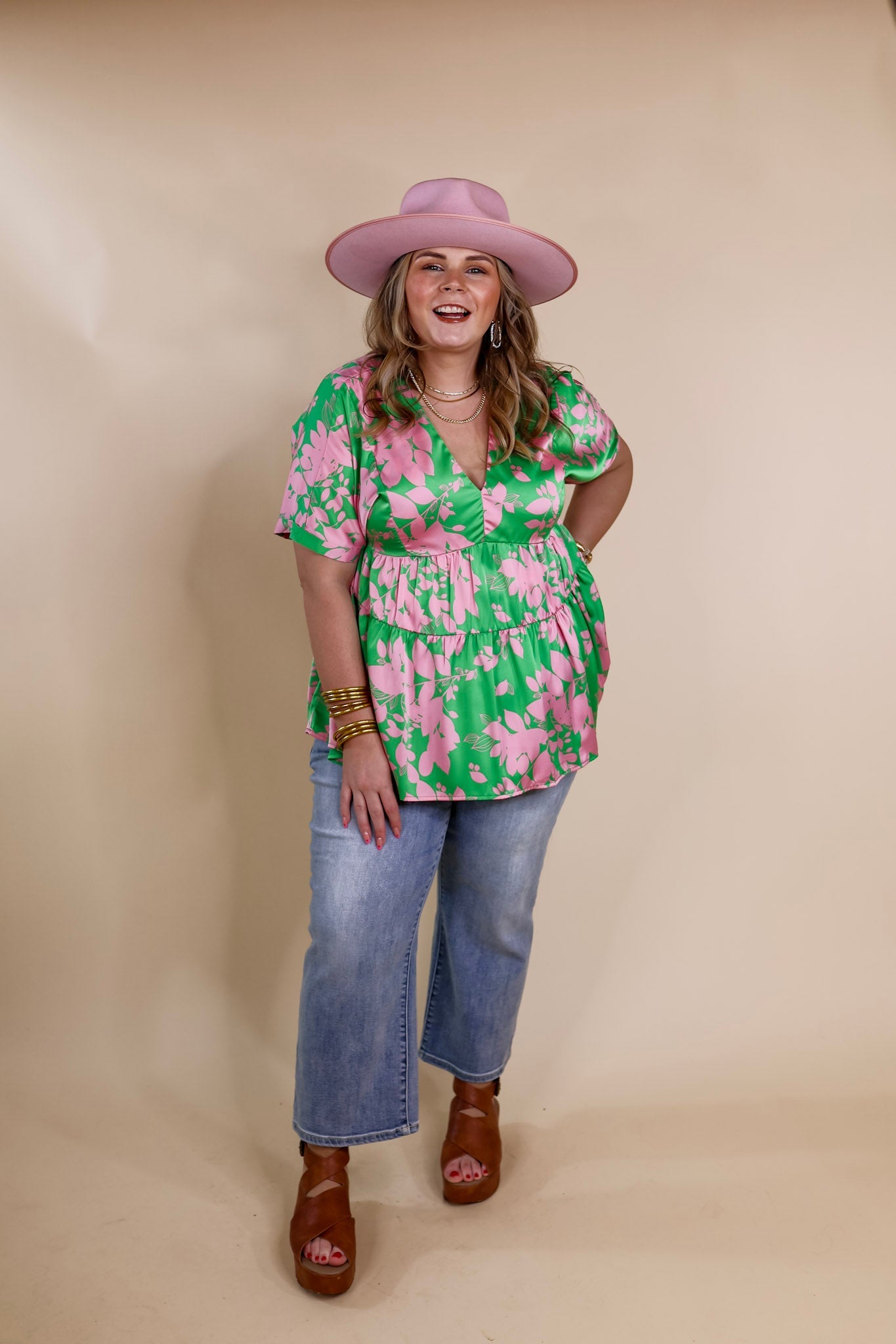 Merlot Meeting Floral Print V Neck Top in Green - Giddy Up Glamour Boutique