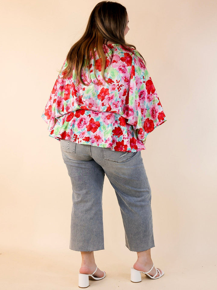 Hear the Music Drop Sleeve Satin Floral Print V Neck Peplum Top in White