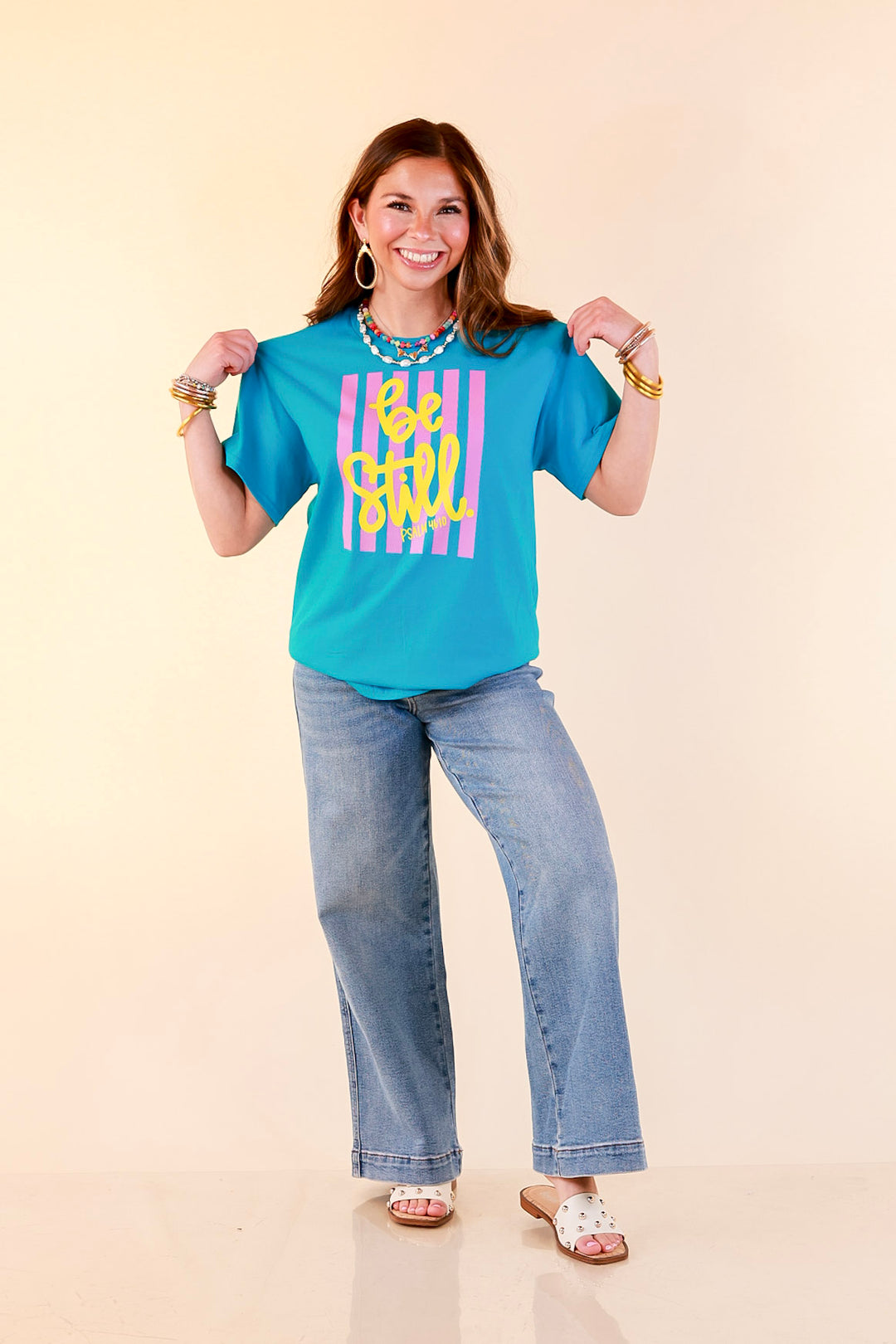 Faithfully Still "Be Still" Psalm 46:10 Stripe Print Short Sleeve Graphic Tee in Turquoise Blue