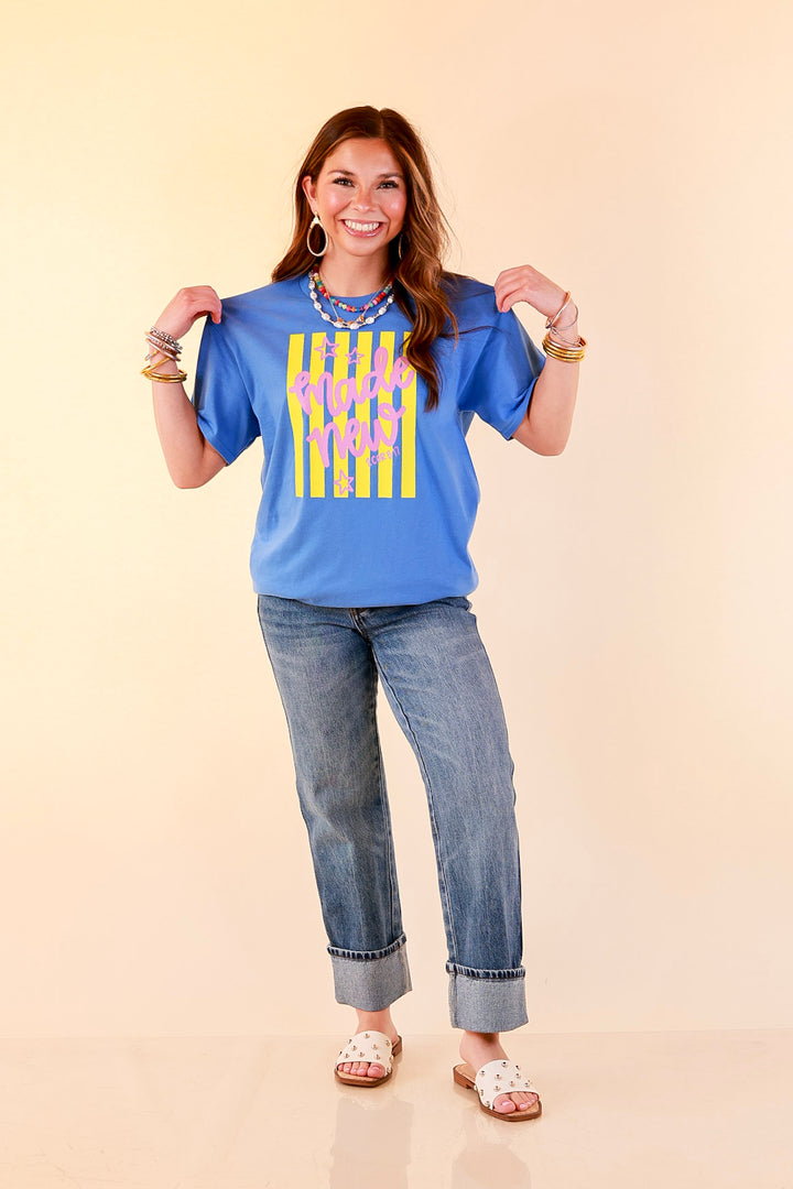 Renewed in Faith "Made New" 2 Cor 5:17 Stripe Print Short Sleeve Graphic Tee in Blue