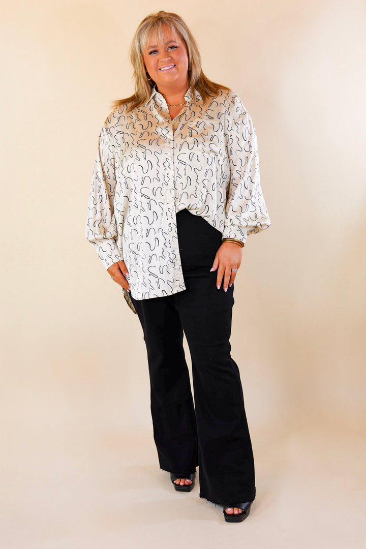 Endlessly Obsessed Satin Button Up Swirl Print Top in Ivory - Giddy Up Glamour Boutique