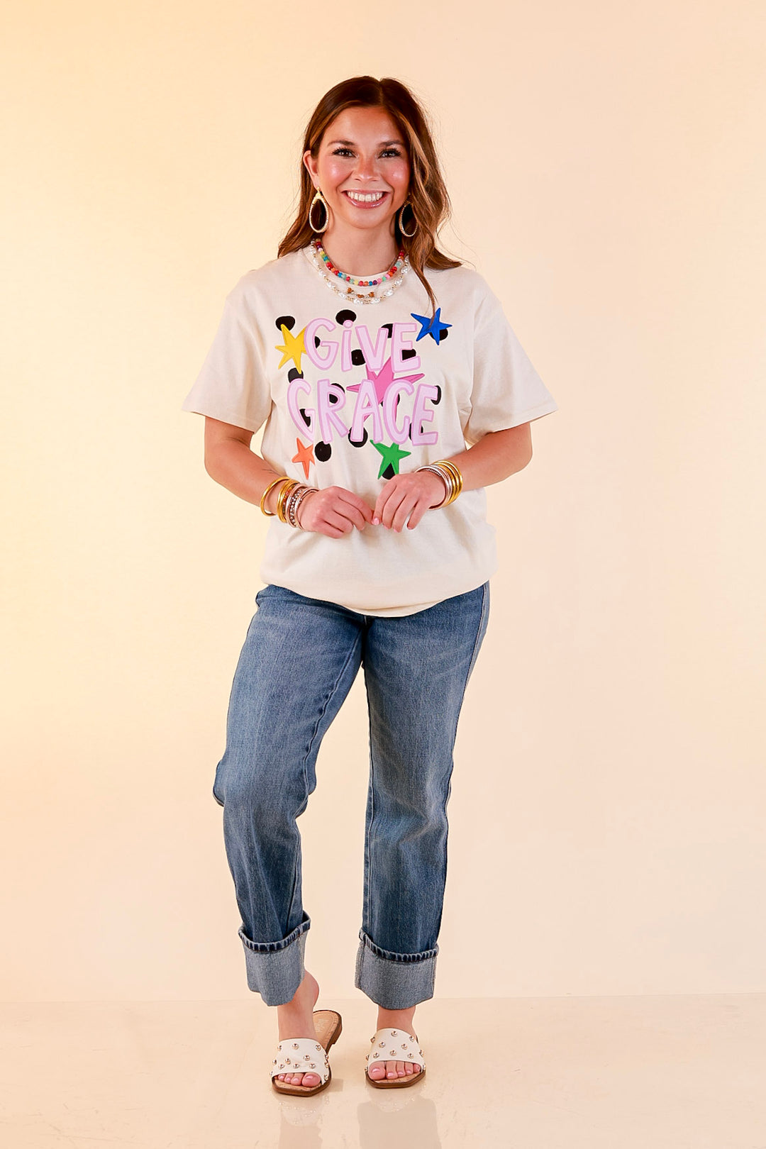 Grace Upon Grace "Give Grace" Distressed Polka Dot and Star Print Short Sleeve Graphic Tee in Natural