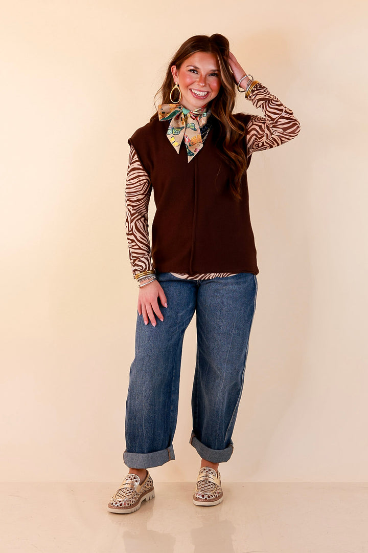 Always a Favorite Crew Neck Front Seam Sweater Knit Top in Chocolate Brown