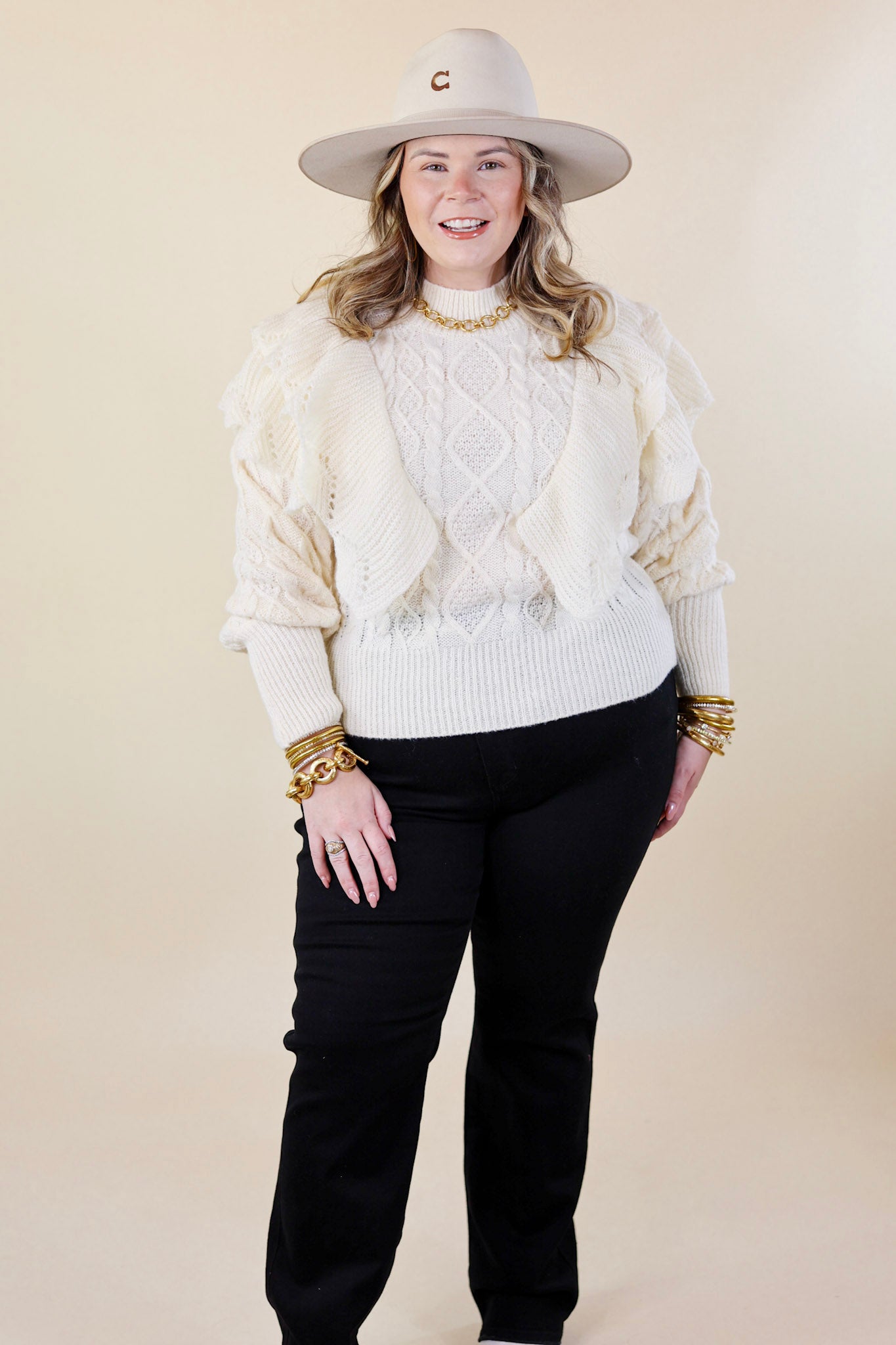 Lovely And Luxe Ruffle Shoulder Sweater in Ivory - Giddy Up Glamour Boutique