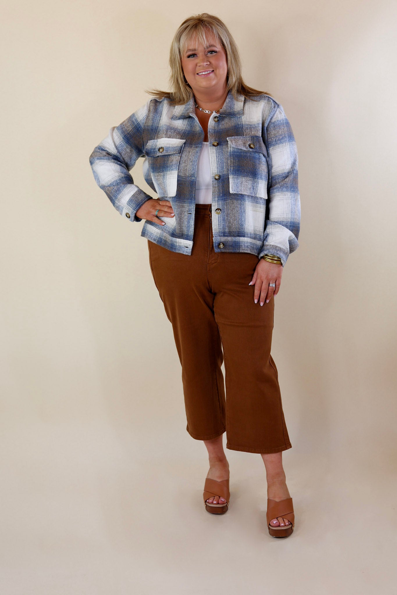 Lost In the Redwoods Button Up Cropped Plaid Jacket in Blue Mix - Giddy Up Glamour Boutique