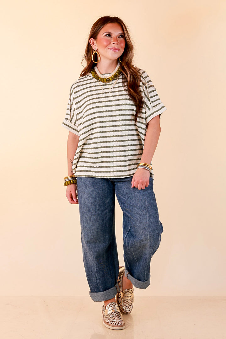 On The Daily Scoop Neck Short Sleeve Striped Textured Top in Olive Green