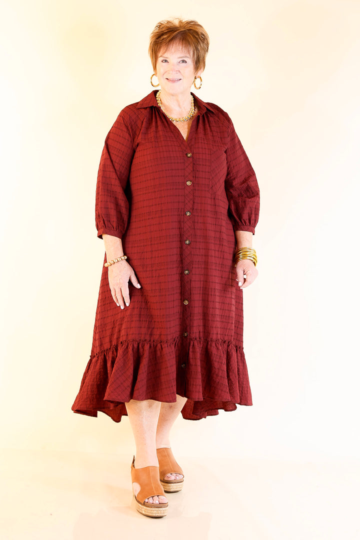Easy to Please Button Up Ruffle Hem Midi Dress in Maroon Plaid